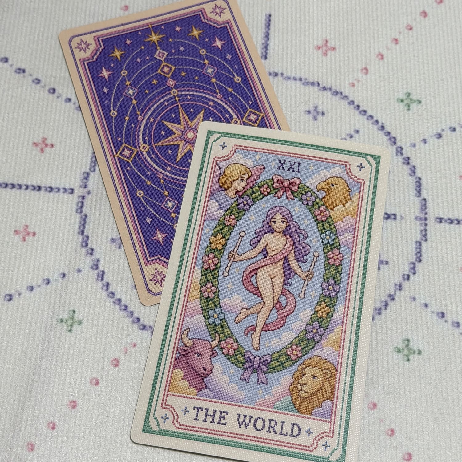 Pastel Pixel Tarot cross-stitch style tarot deck for gentle reflection and inner child care