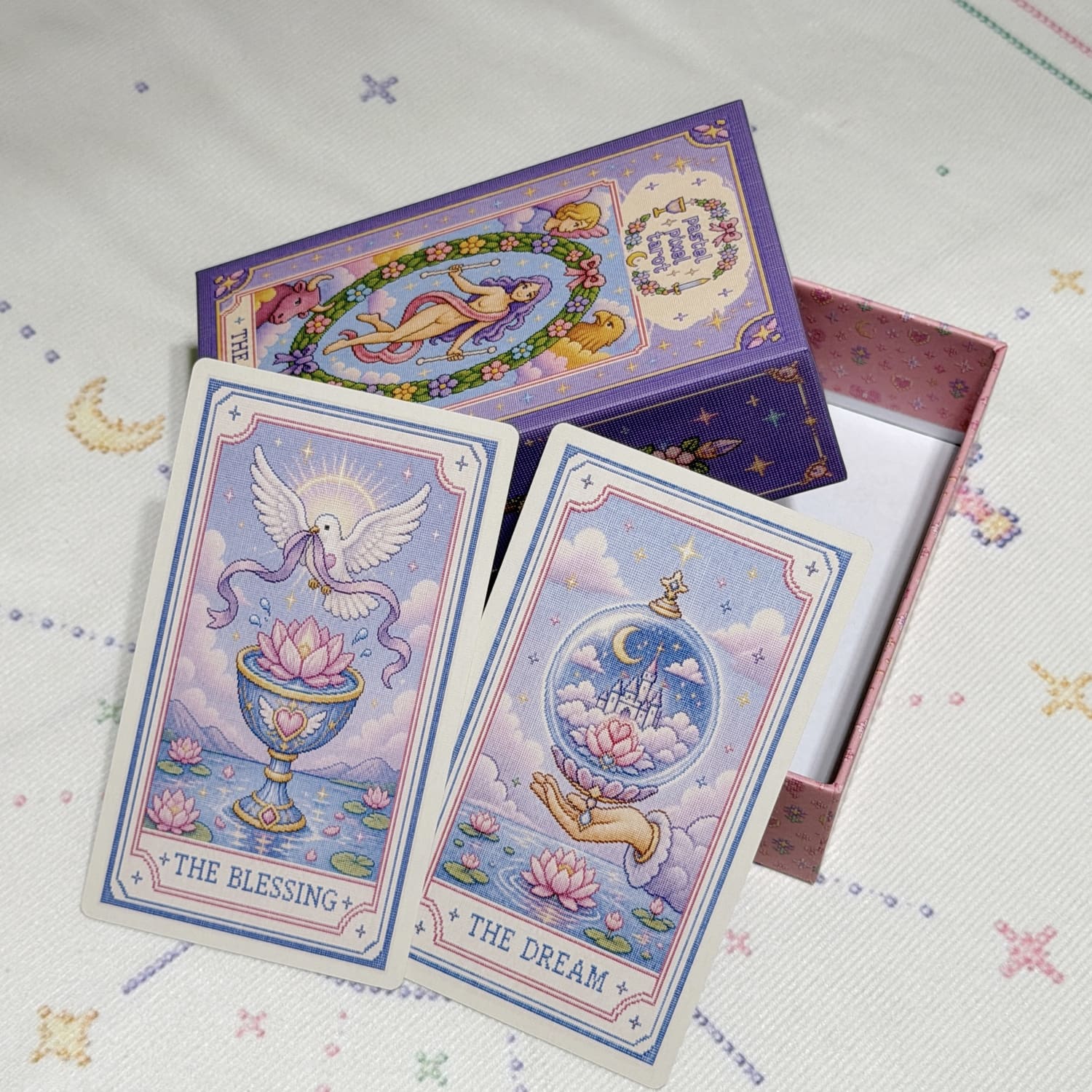 Pastel Pixel Tarot cross-stitch style tarot deck for gentle reflection and inner child care