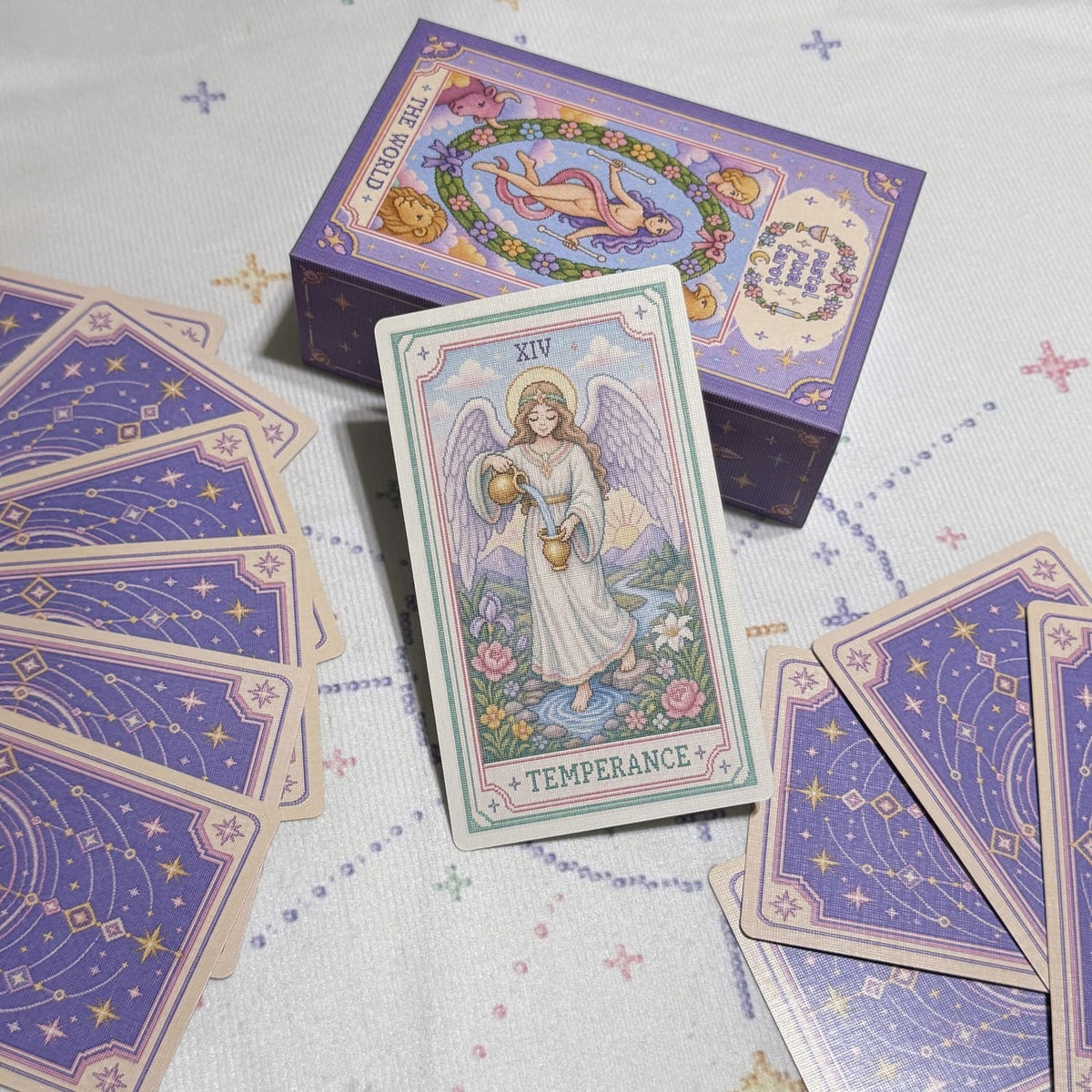 Pastel Pixel Tarot cross-stitch style tarot deck for gentle reflection and inner child care