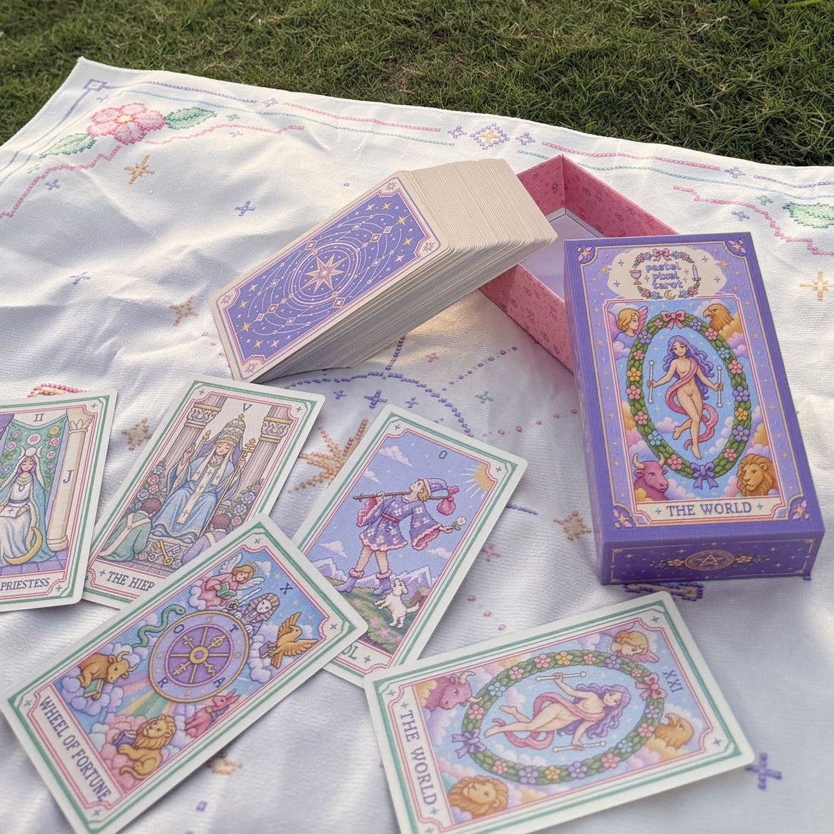 Pastel Pixel Tarot cross-stitch style tarot deck for gentle reflection and inner child care