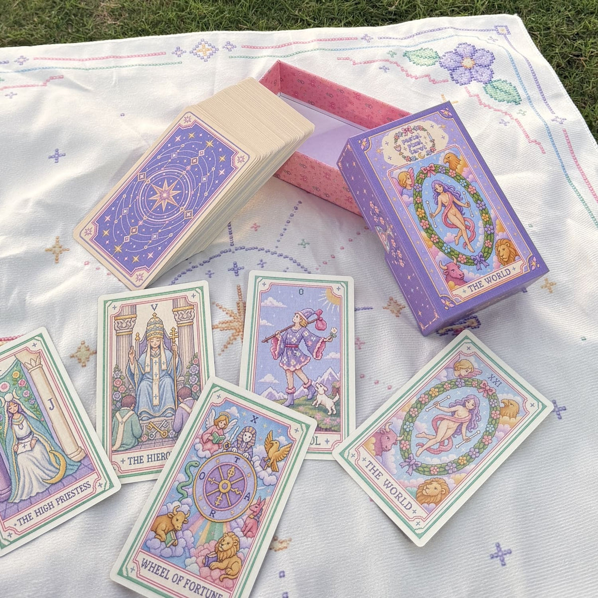 Pastel Pixel Tarot cross-stitch style tarot deck for gentle reflection and inner child care