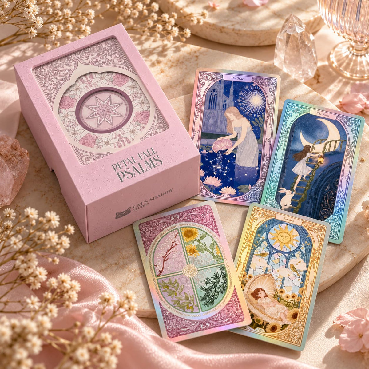 Petal Fall Psalms Tarot Deck floral boxes in pink and cream for reflective readings