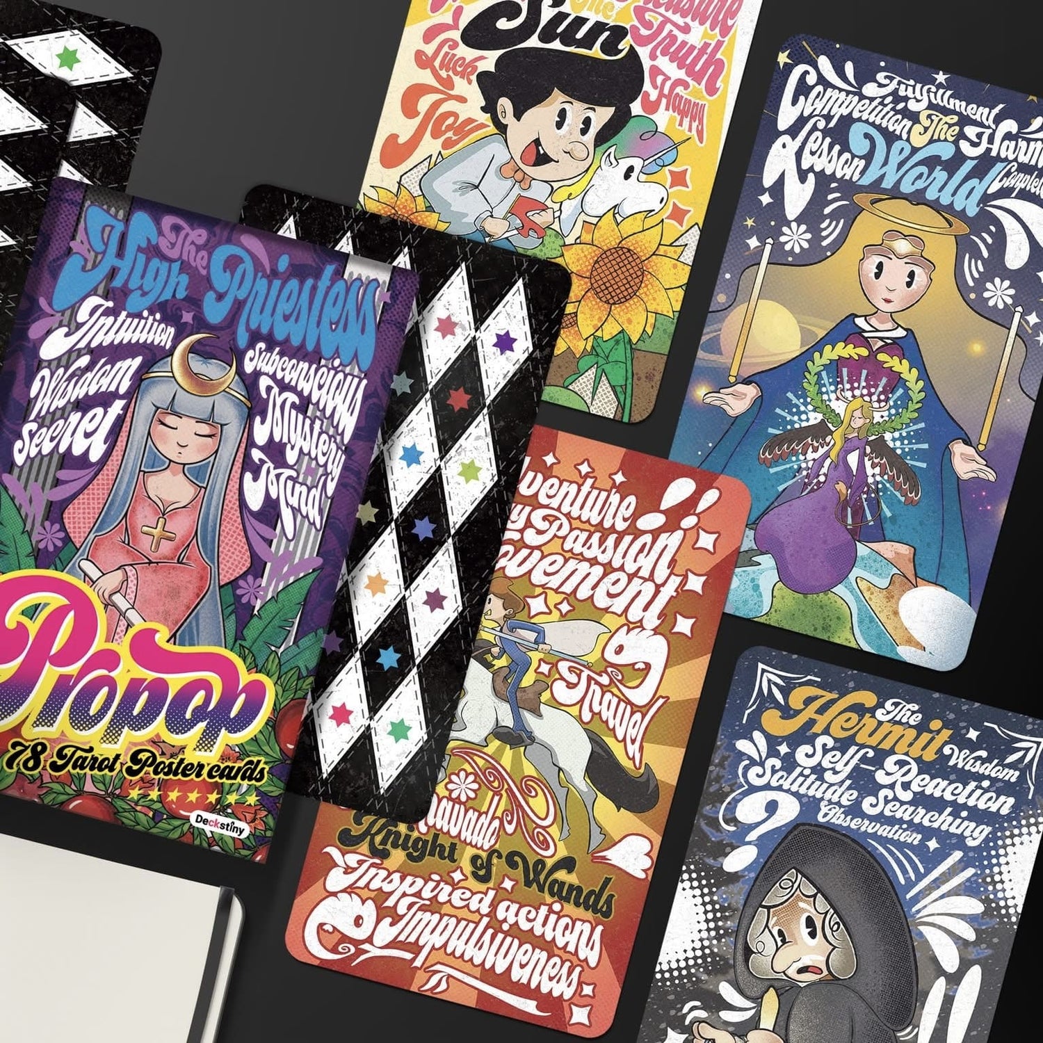 Propop Tarot Deck vintage 1930s animation style Indie Tarot Cards with holographic edges for playful divination.