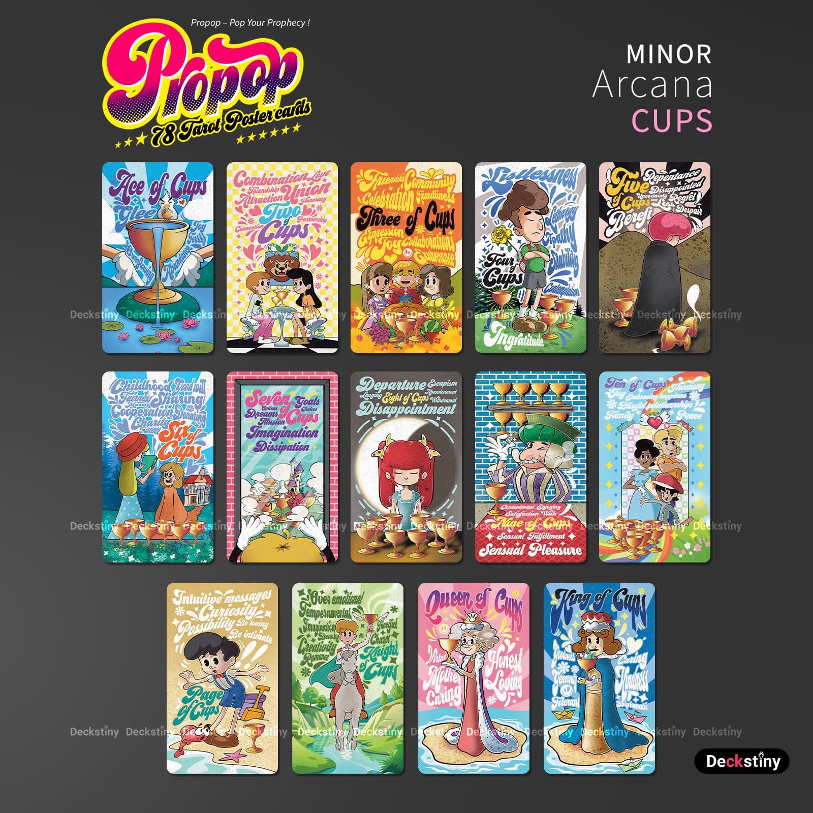 Propop Tarot Deck vintage 1930s animation style Indie Tarot Cards with holographic edges for playful divination.