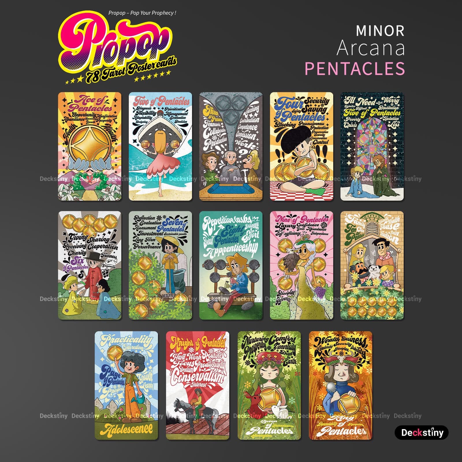 Propop Tarot Deck vintage 1930s animation style Indie Tarot Cards with holographic edges for playful divination.