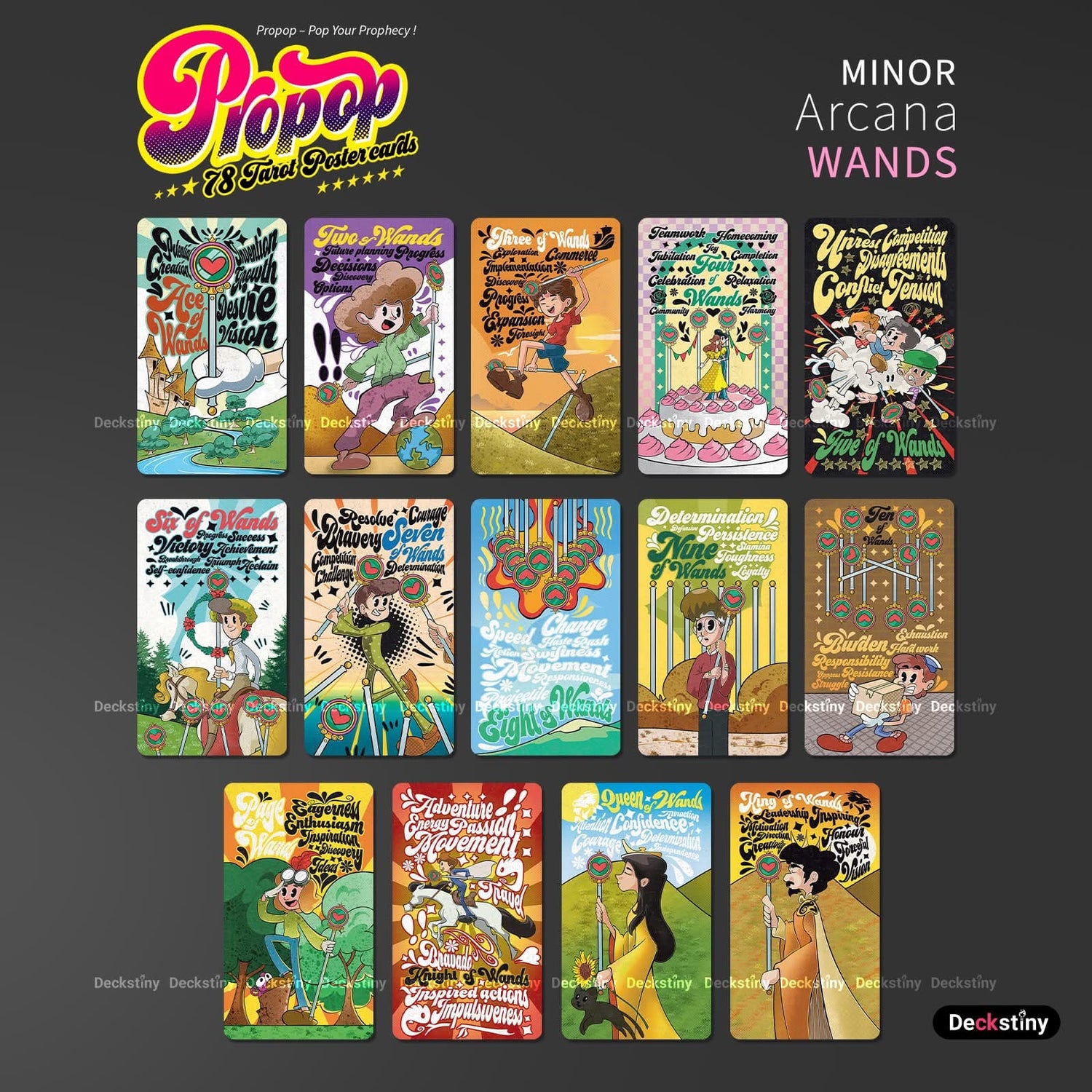 Propop Tarot Deck vintage 1930s animation style Indie Tarot Cards with holographic edges for playful divination.