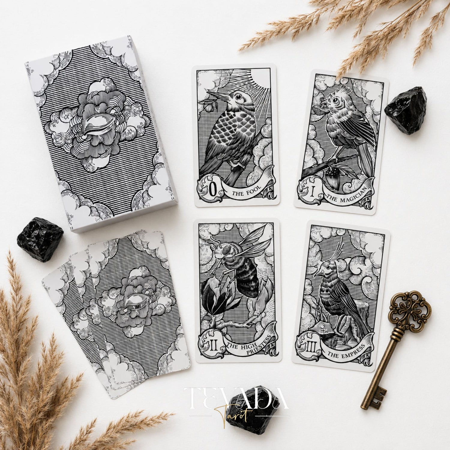 Quill and Ink Tarot vintage bird illustration deck for gentle Rider Waite-inspired readings.