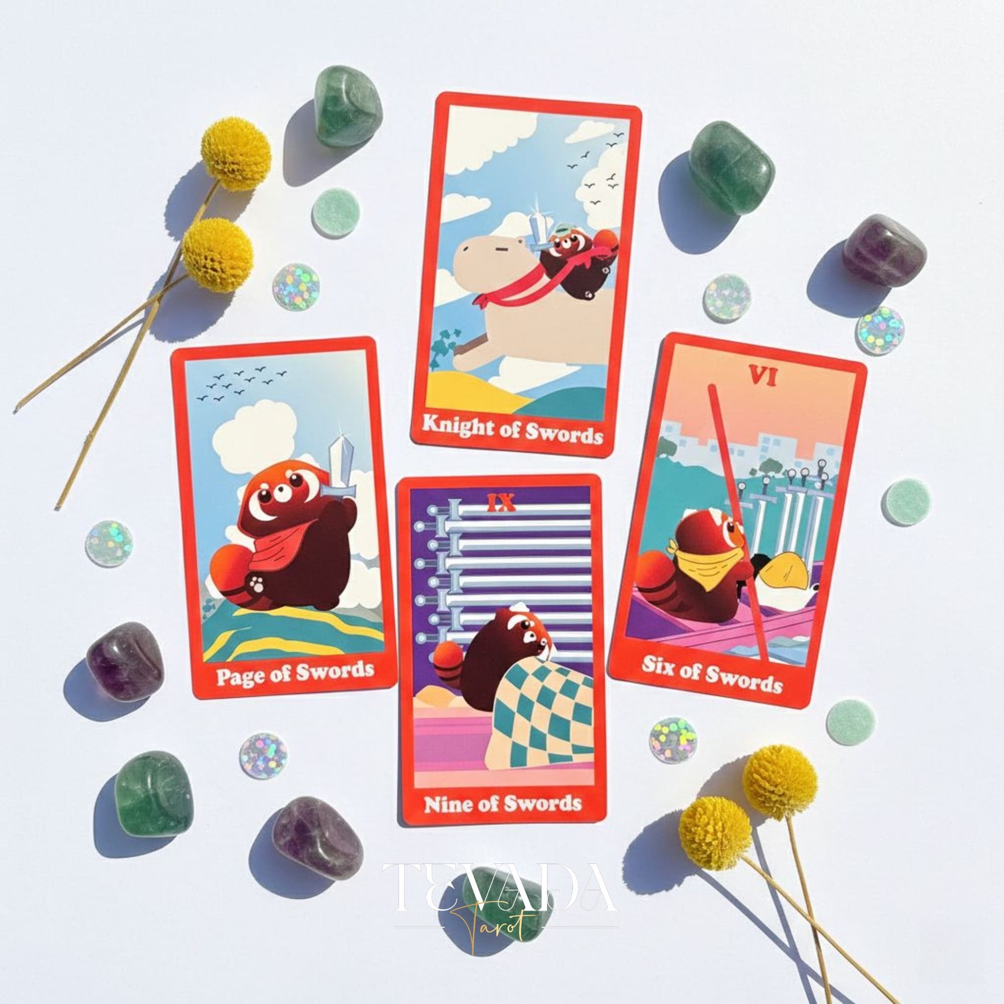 Le jeu de tarot indépendant de dessin animé mignon Red Panda Tarot avec des bords en feuille rouge pour la divination des débutants et le rituel quotidien.