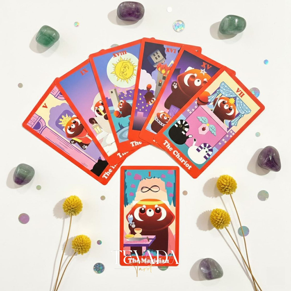 Le jeu de tarot indépendant de dessin animé mignon Red Panda Tarot avec des bords en feuille rouge pour la divination des débutants et le rituel quotidien.