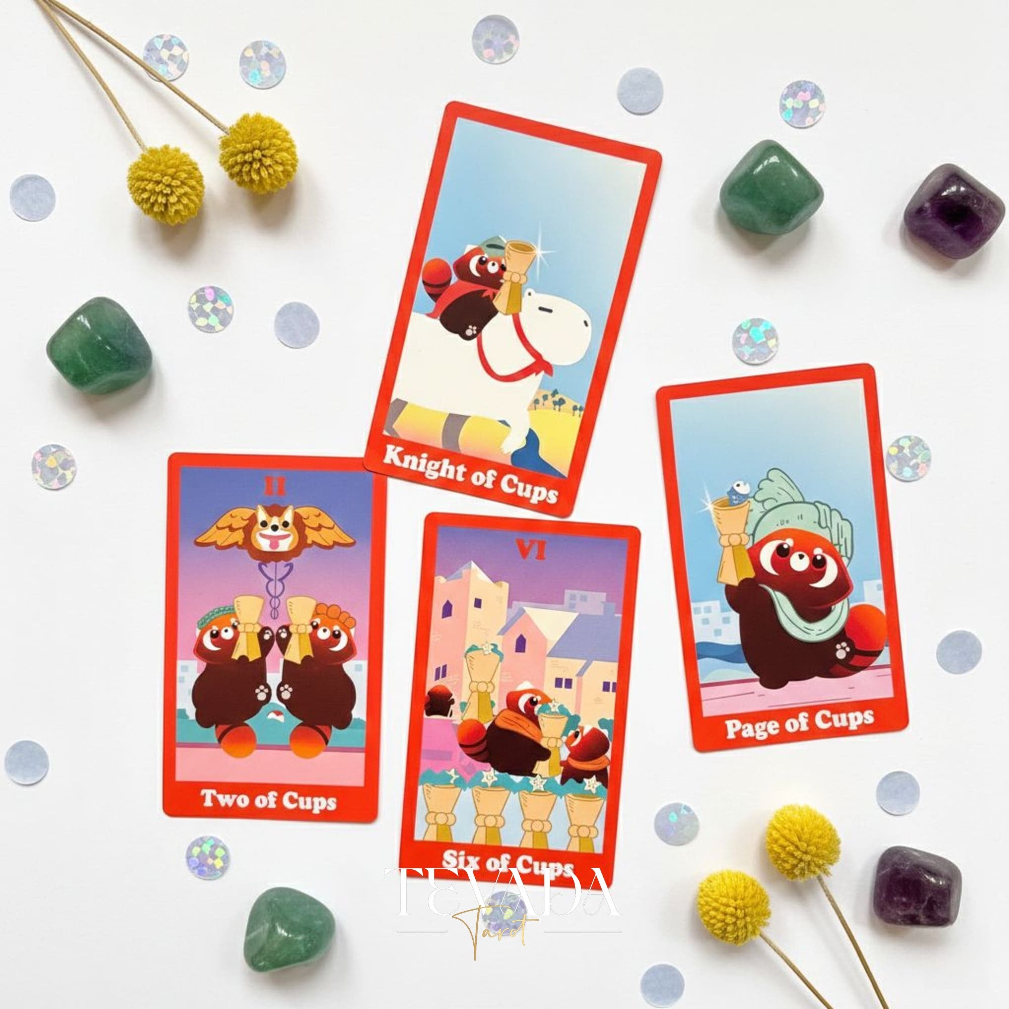 Le jeu de tarot indépendant de dessin animé mignon Red Panda Tarot avec des bords en feuille rouge pour la divination des débutants et le rituel quotidien.