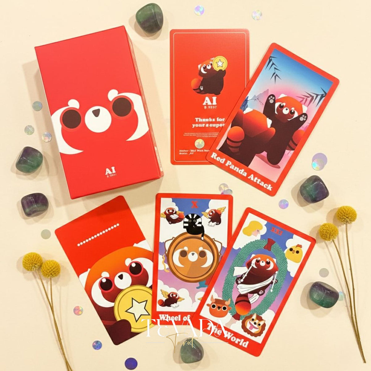 Le jeu de tarot indépendant de dessin animé mignon Red Panda Tarot avec des bords en feuille rouge pour la divination des débutants et le rituel quotidien.