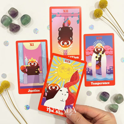 The Red Panda Tarot cute cartoon Indie Tarot Deck with red foil edges for beginner divination and daily ritual.