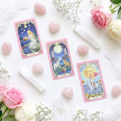 Renaissance Fantasy Tarot DELUXE pink fine art indie tarot deck with rose gold edges for inner child healing.