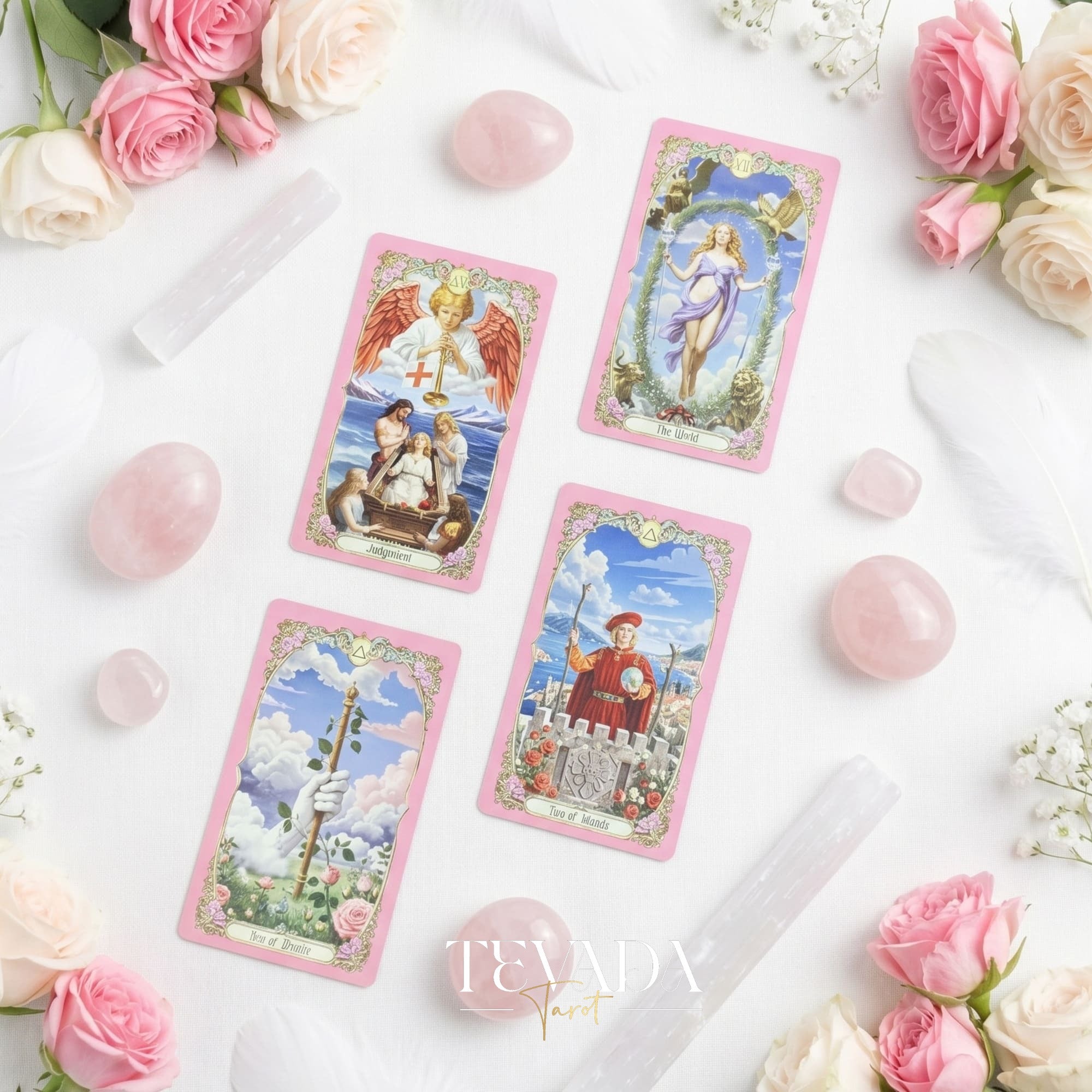 Renaissance Fantasy Tarot DELUXE pink fine art indie tarot deck with rose gold edges for inner child healing.