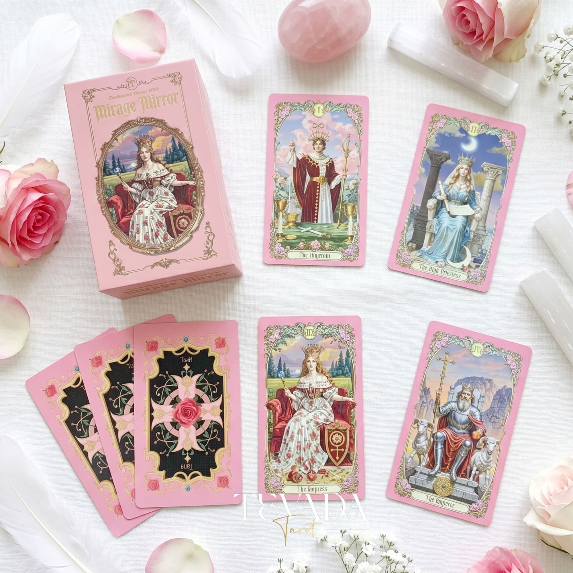Renaissance Fantasy Tarot DELUXE pink fine art indie tarot deck with rose gold edges for inner child healing.