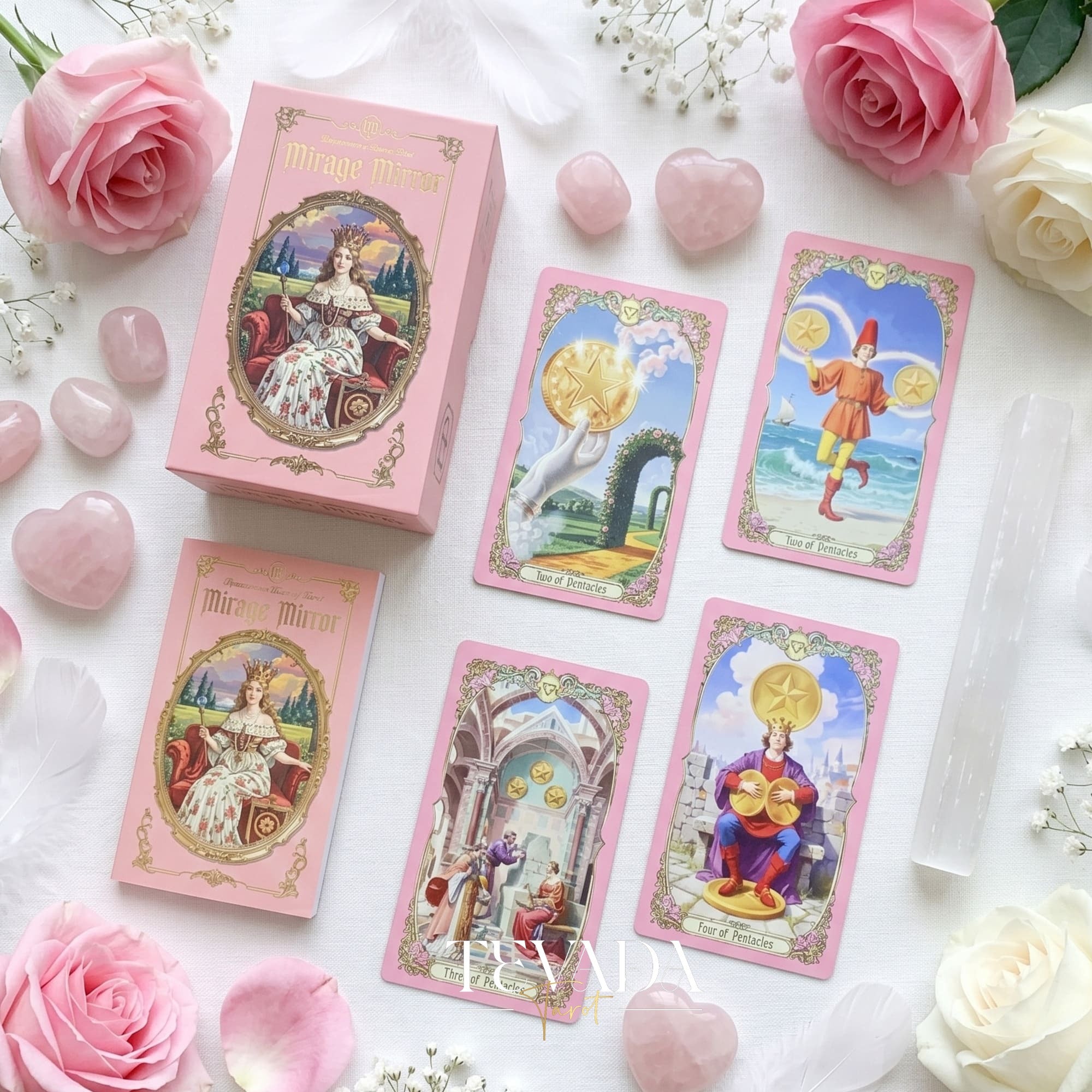 Renaissance Fantasy Tarot DELUXE pink fine art indie tarot deck with rose gold edges for inner child healing.