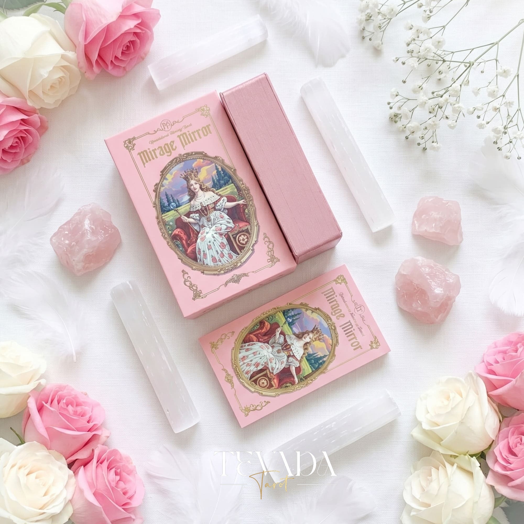 Renaissance Fantasy Tarot DELUXE pink fine art indie tarot deck with rose gold edges for inner child healing.