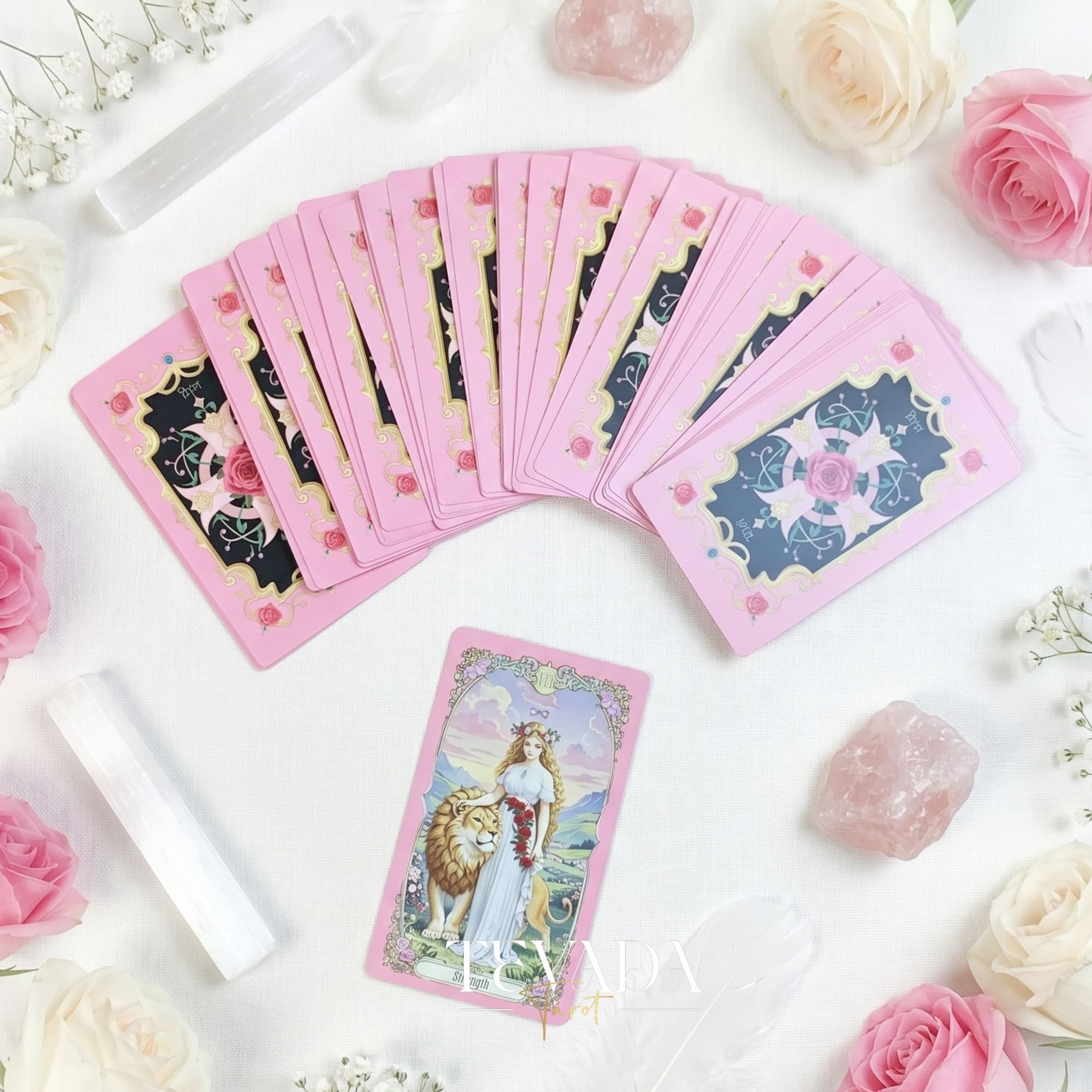 Renaissance Fantasy Tarot DELUXE pink fine art indie tarot deck with rose gold edges for inner child healing.