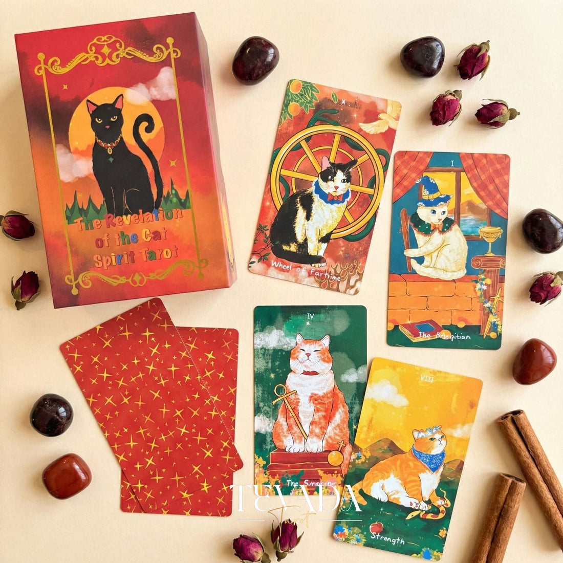 The Revelation of the Cat Spirit Tarot Deck featuring painterly cat art and gold foil details for intuitive guidance.