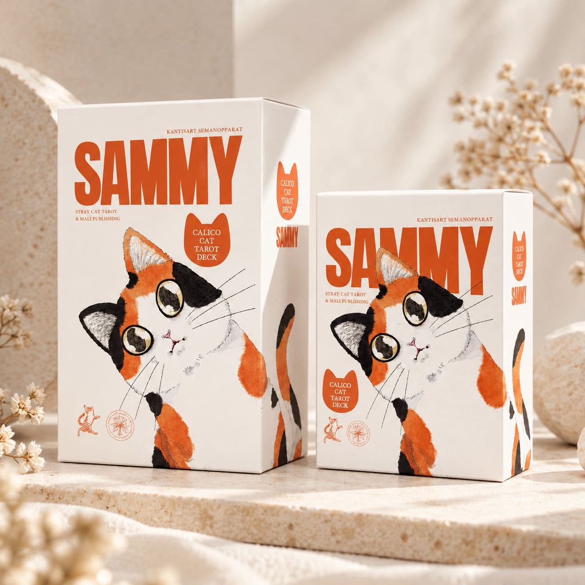 Sammy Calico Cat Tarot Pro (EN) whimsical calico cat tarot cards with orange red foil edges for daily reflection