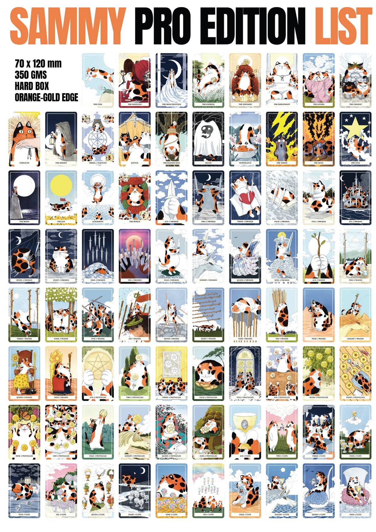 Sammy Calico Cat Tarot Pro (EN) whimsical calico cat tarot cards with orange red foil edges for daily reflection