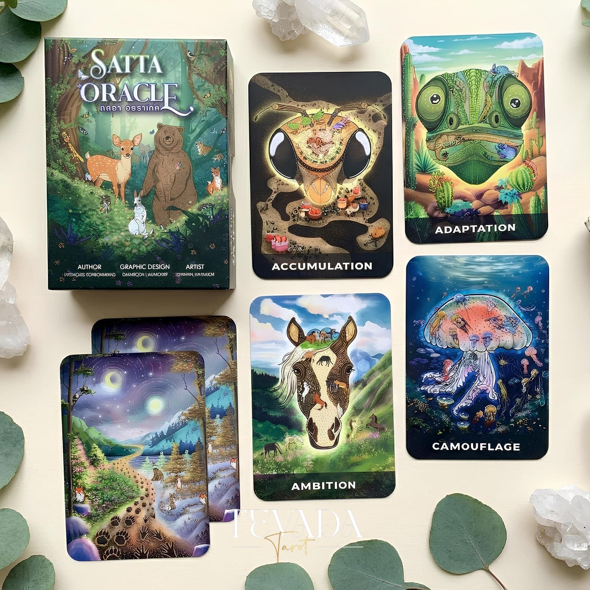 Satta Animal Oracle Deck whimsical animal portrait Indie Oracle Cards on 350gsm matte paper for shadow work.