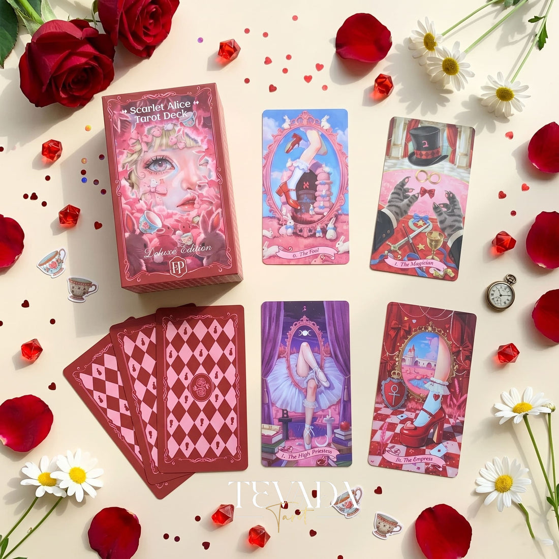 Scarlet Alice Tarot Deck DELUXE gothic indie tarot deck with glitter red edges for shadow work and inner reflection.