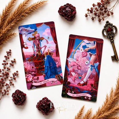 Scarlet Alice Tarot Deck DELUXE gothic indie tarot deck with glitter red edges for shadow work and inner reflection.