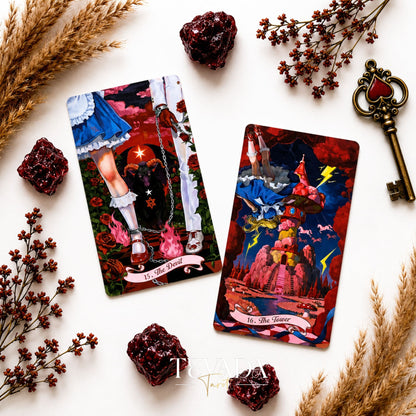 Scarlet Alice Tarot Deck DELUXE gothic indie tarot deck with glitter red edges for shadow work and inner reflection.