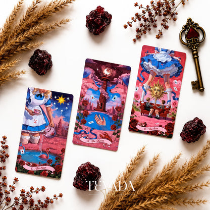 Scarlet Alice Tarot Deck DELUXE gothic indie tarot deck with glitter red edges for shadow work and inner reflection.