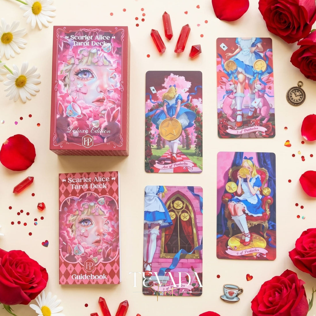 Scarlet Alice Tarot Deck DELUXE gothic indie tarot deck with glitter red edges for shadow work and inner reflection.