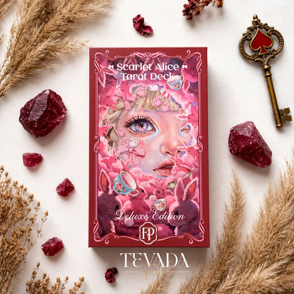 Scarlet Alice Tarot Deck DELUXE gothic indie tarot deck with glitter red edges for shadow work and inner reflection.