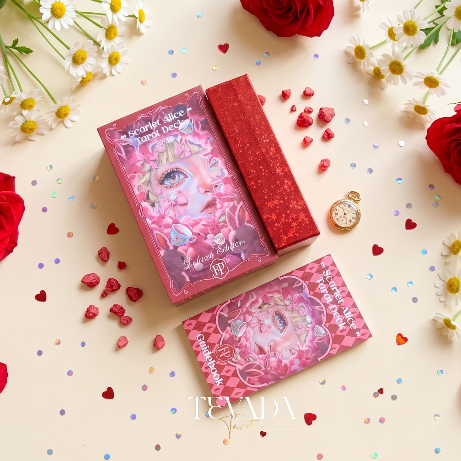 Scarlet Alice Tarot Deck DELUXE gothic indie tarot deck with glitter red edges for shadow work and inner reflection.