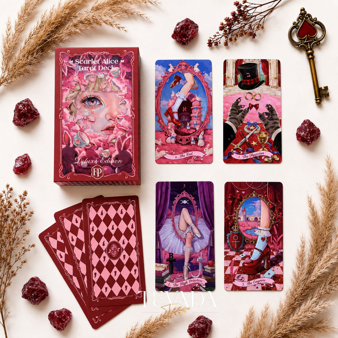 Scarlet Alice Tarot Deck DELUXE gothic indie tarot deck with glitter red edges for shadow work and inner reflection.