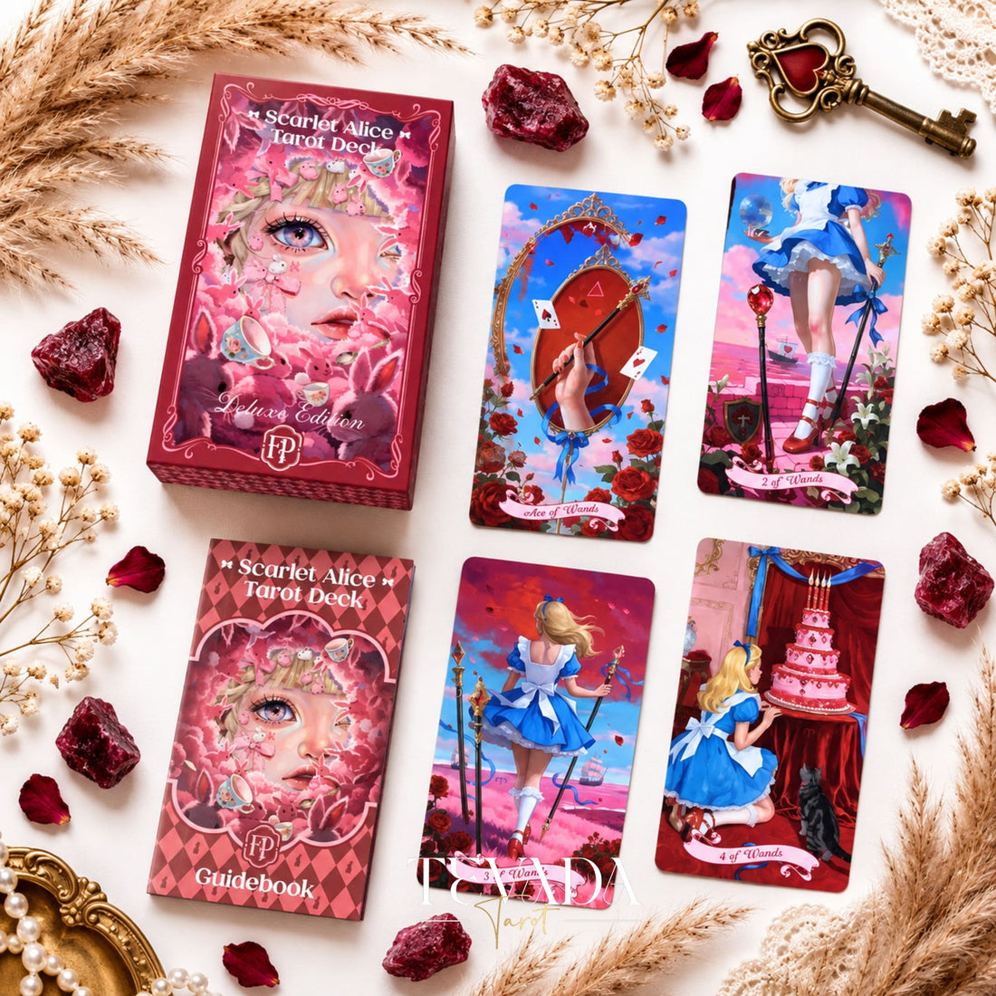 Scarlet Alice Tarot Deck DELUXE gothic indie tarot deck with glitter red edges for shadow work and inner reflection.