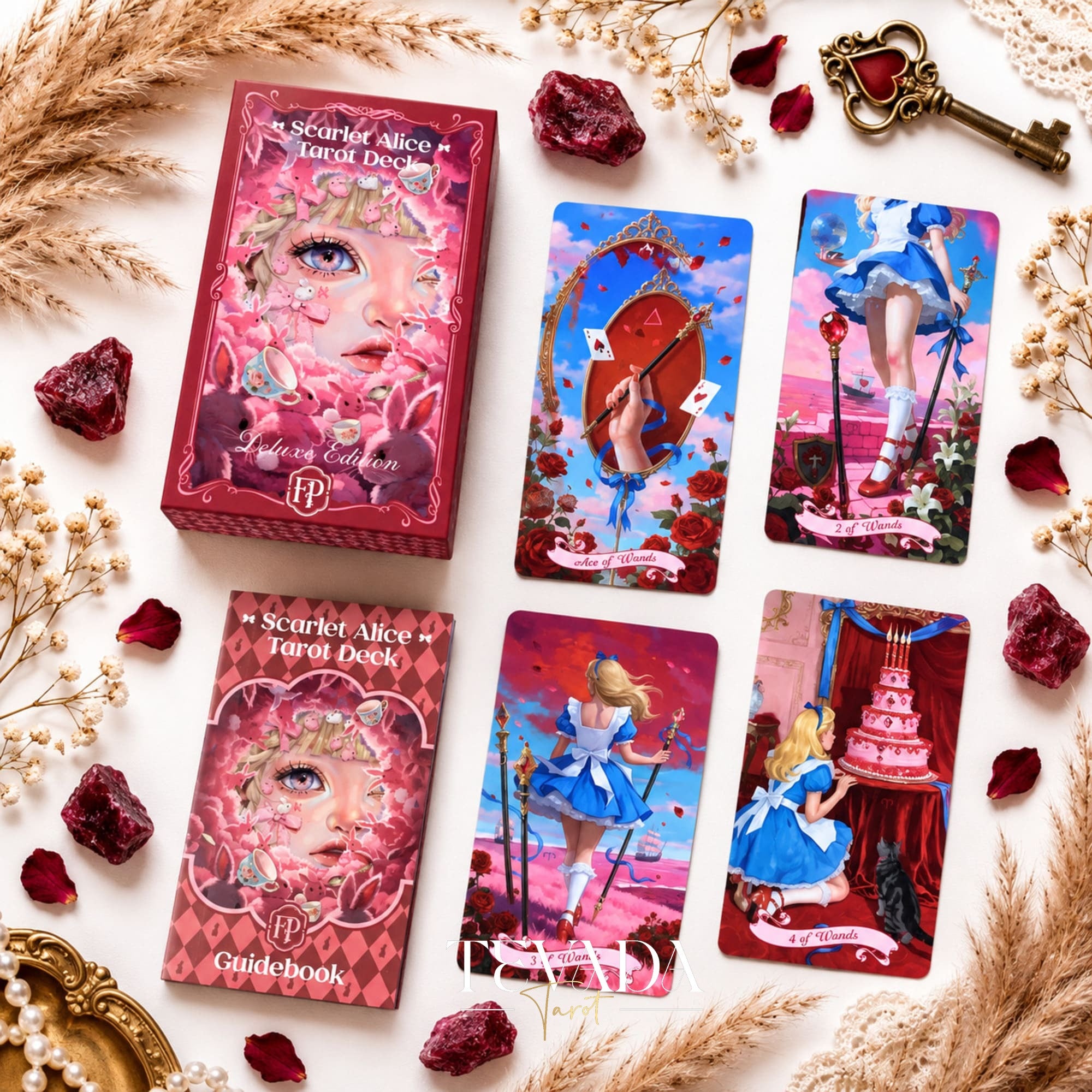 Scarlet Alice Tarot Deck DELUXE gothic indie tarot deck with glitter red edges for shadow work and inner reflection.
