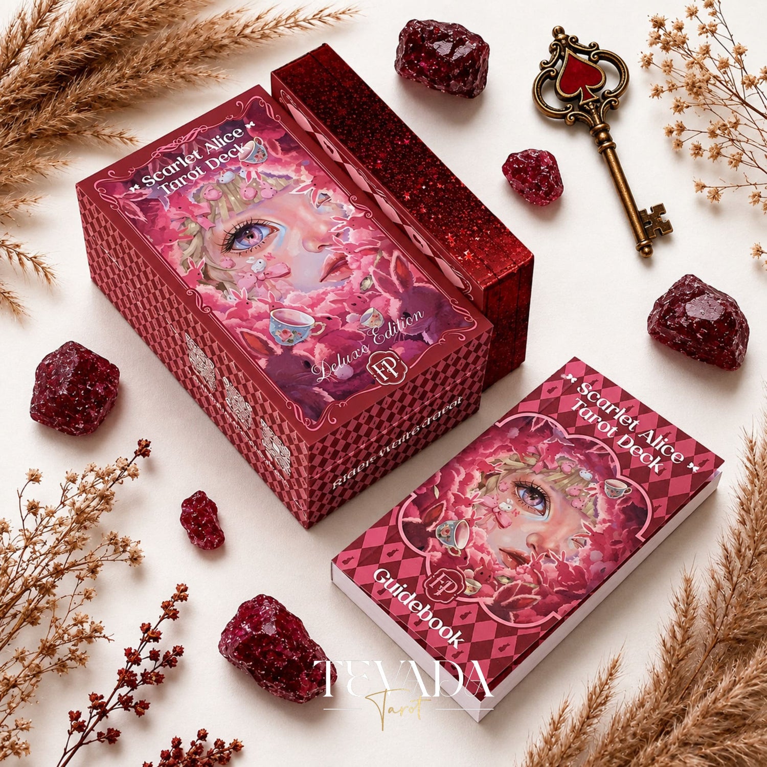 Scarlet Alice Tarot Deck DELUXE gothic indie tarot deck with glitter red edges for shadow work and inner reflection.