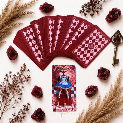 Scarlet Alice Tarot Deck DELUXE gothic indie tarot deck with glitter red edges for shadow work and inner reflection.