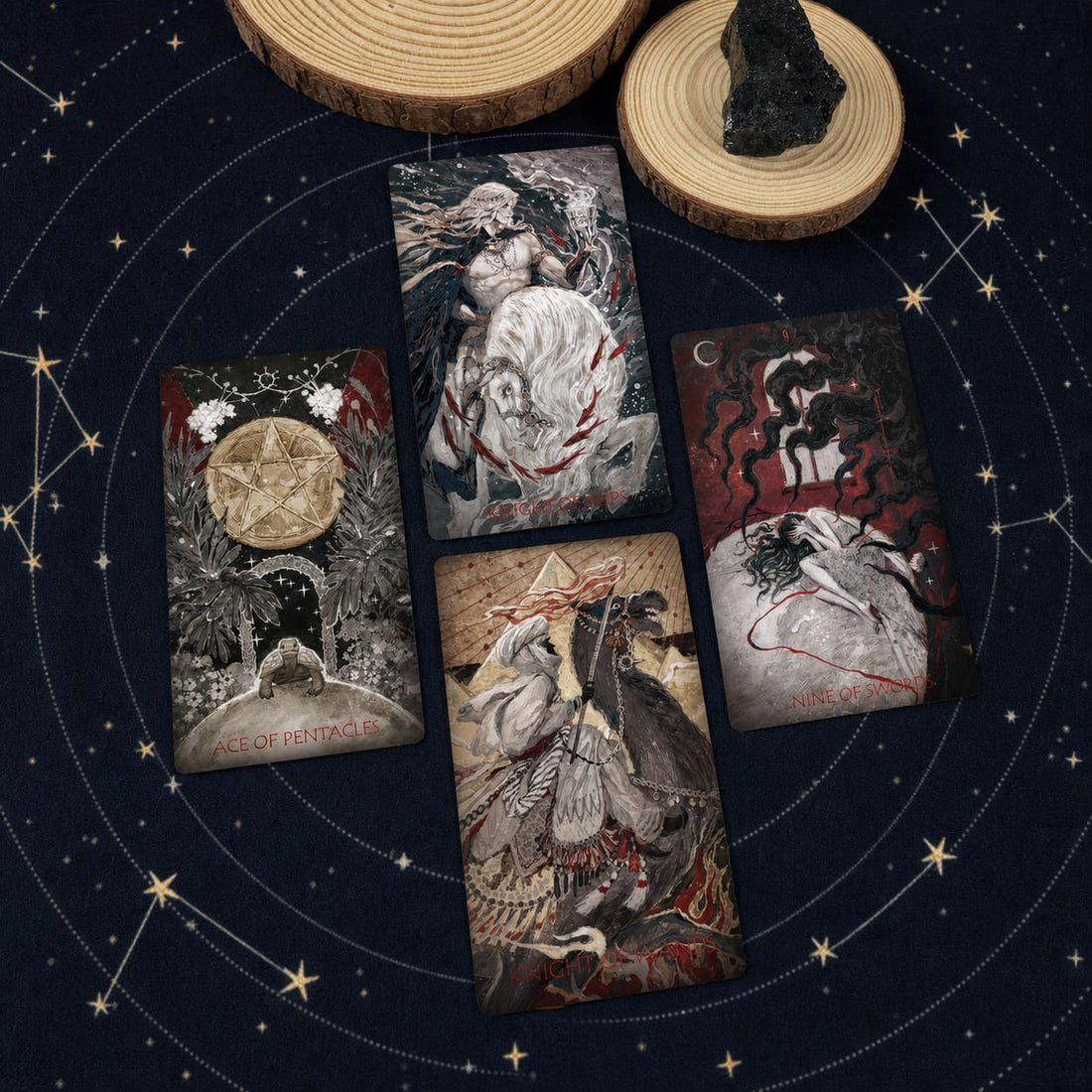 Scarlet &amp; Black Tarot red black botanical cards with dramatic portraits for intuitive reflection
