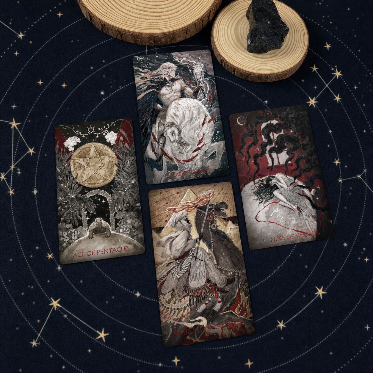 Scarlet &amp; Black Tarot red black botanical cards with dramatic portraits for intuitive reflection