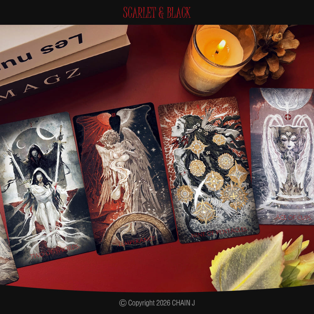 Scarlet &amp; Black Tarot red black botanical cards with dramatic portraits for intuitive reflection