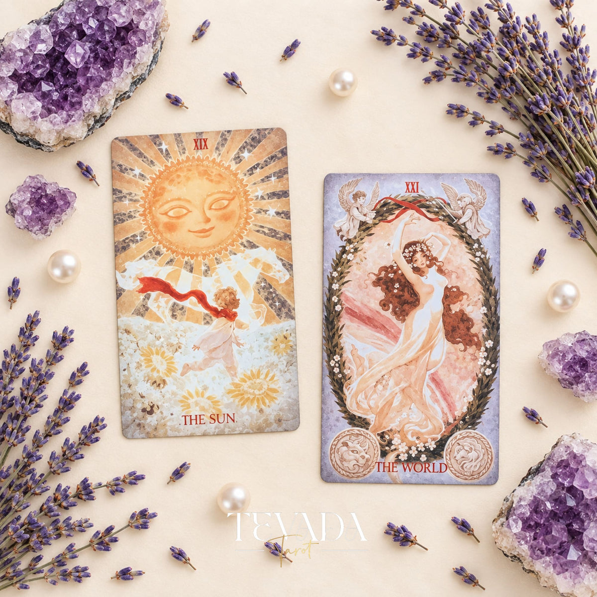 Two Scarlet &amp; Black Tarot cards with a dreaming figure beneath a bird and a dark crescent-and-stars design.