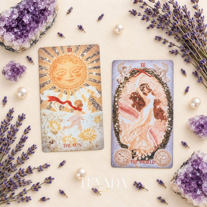 Two Scarlet &amp; Black Tarot cards with a dreaming figure beneath a bird and a dark crescent-and-stars design.