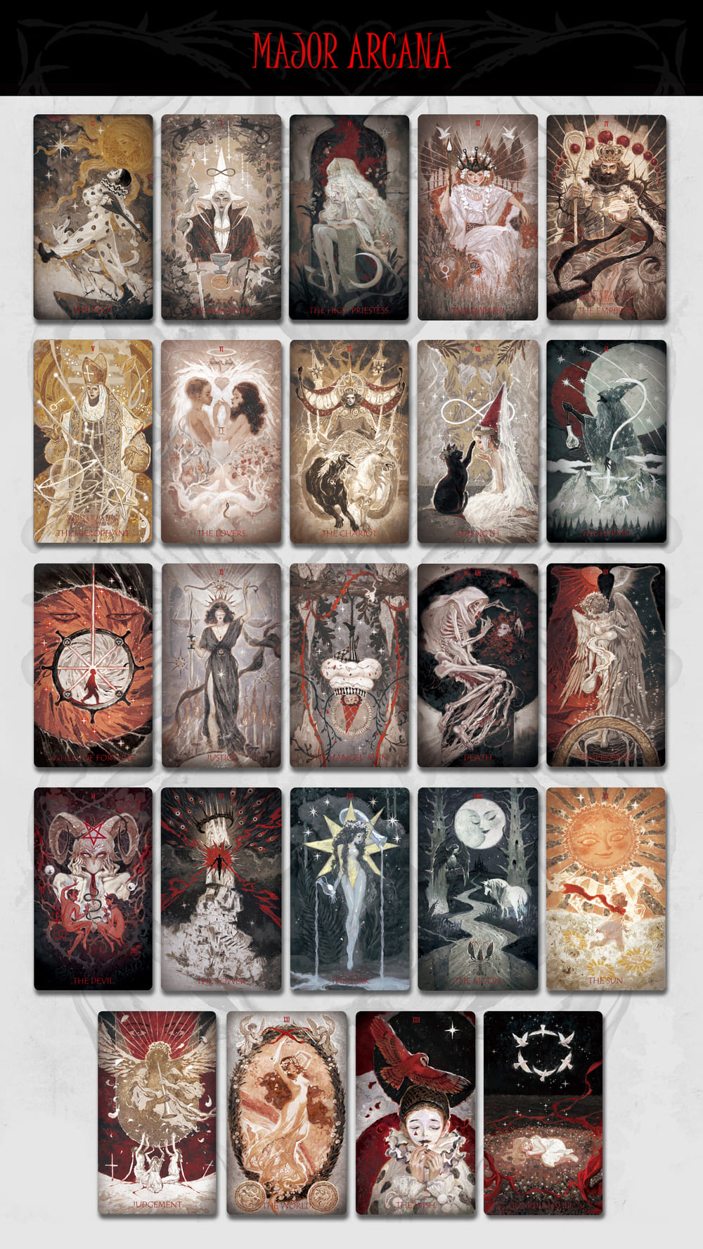 Scarlet &amp; Black Tarot red black botanical cards with dramatic portraits for intuitive reflection
