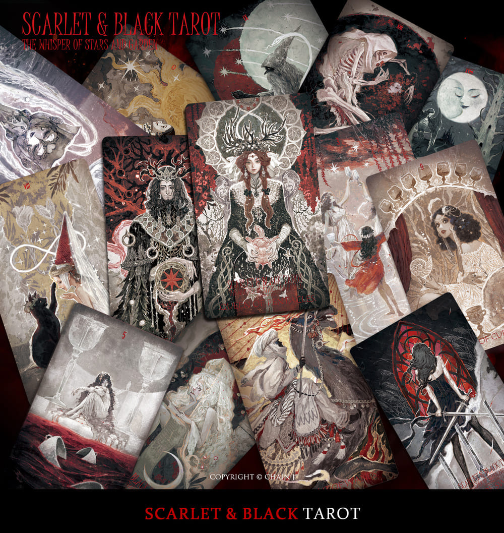 Scarlet &amp; Black Tarot red black botanical cards with dramatic portraits for intuitive reflection