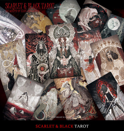Scarlet &amp; Black Tarot red black botanical cards with dramatic portraits for intuitive reflection