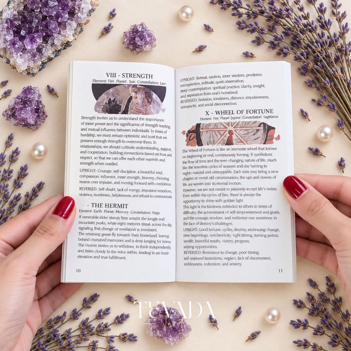 The Scarlet &amp; Black Tarot box front with a pink cameo portrait on a deep navy cover, styled with amethyst and lavender.