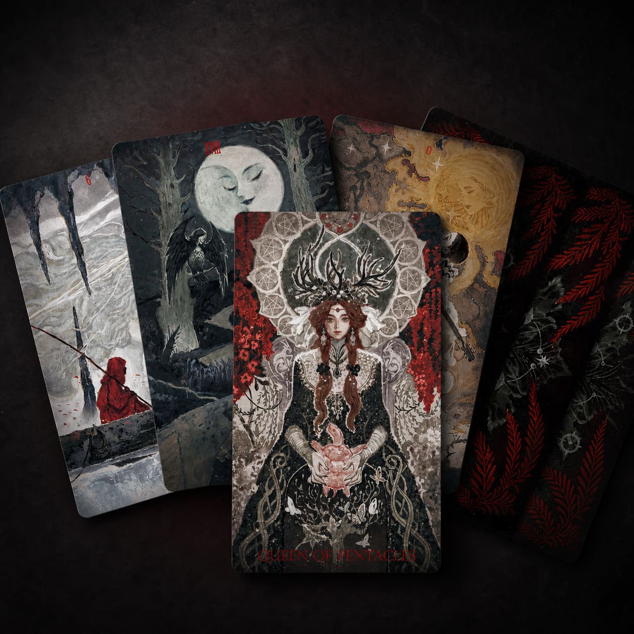 Scarlet &amp; Black Tarot red black botanical cards with dramatic portraits for intuitive reflection