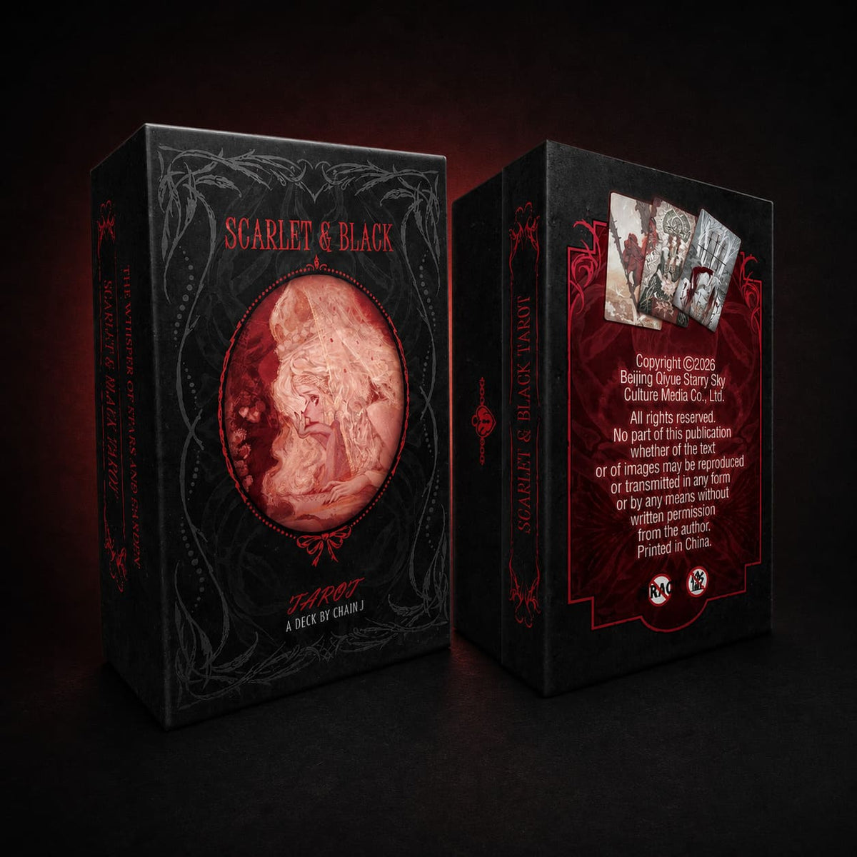 Scarlet &amp; Black Tarot red black botanical cards with dramatic portraits for intuitive reflection