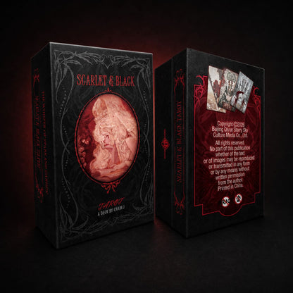 Scarlet &amp; Black Tarot red black botanical cards with dramatic portraits for intuitive reflection